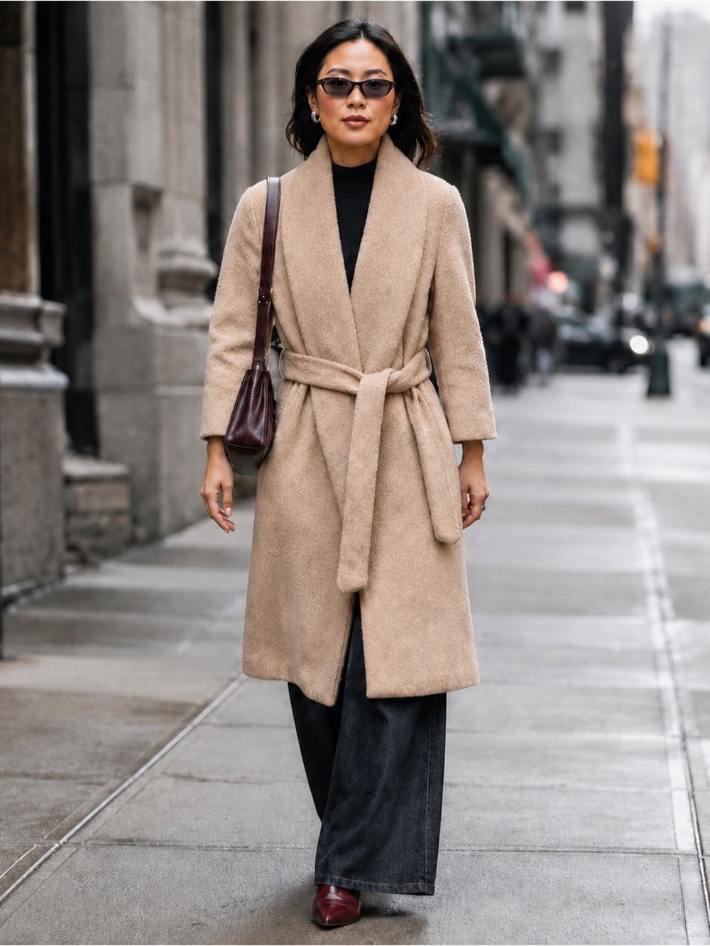 JIGOTT Alpaca Wool Wrap Coat - Quiet Luxury Minimalist Belted Trench Small